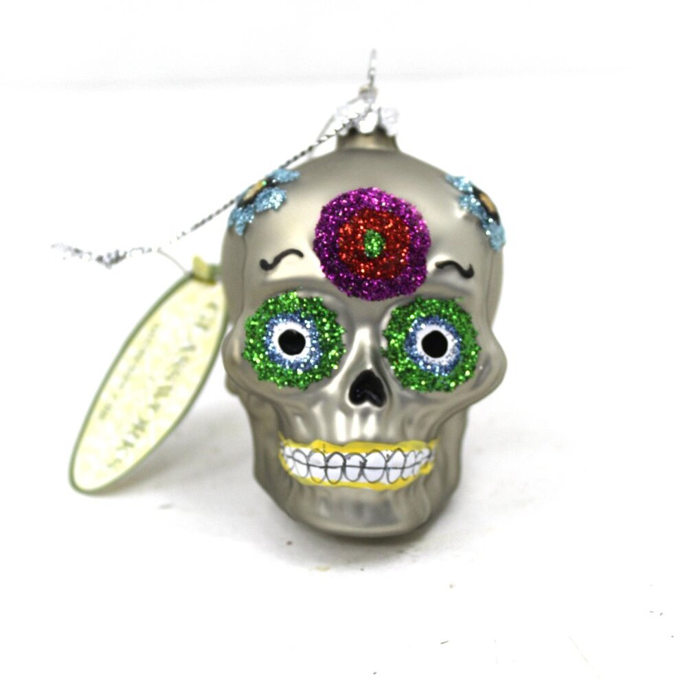 DIA DE LOS MUERTOS SILVER SKULL GLASS ORNAMENT GLASSWORKS MIDWEST CBK